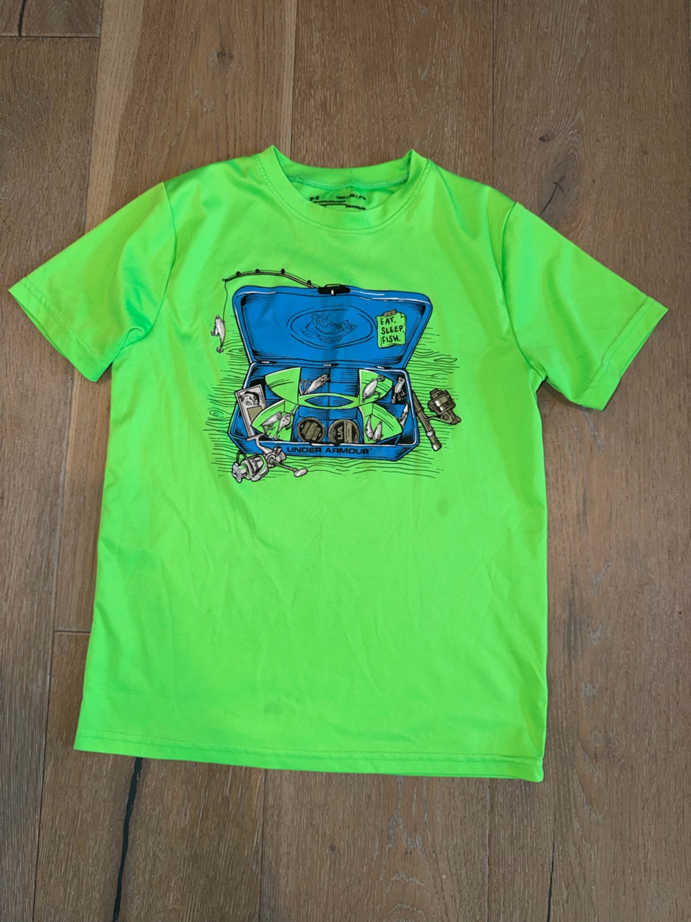 Under Armour Bright Green Mesh Fishing Tackle Box t-shirt size youth medium